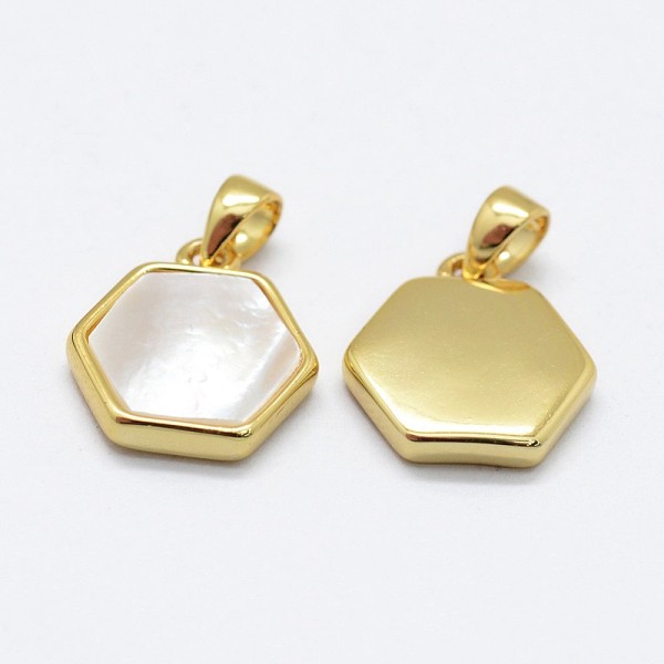 

PandaHall Natural White Shell Mother of Pearl Shell Charms, with Brass Findings, Hexagon, Golden, 12.5~13.5x12~12.5x2~2.5mm, Hole...