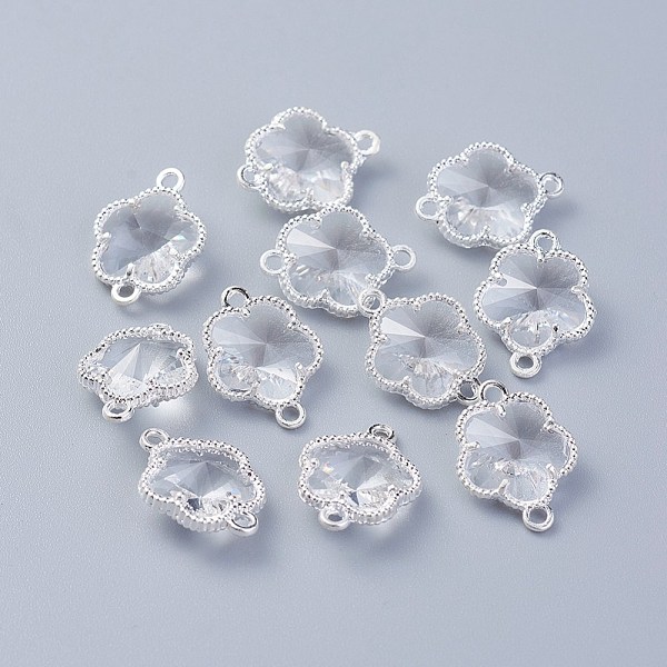 

PandaHall Glass Links connectors, with Eco-Friendly Alloy Open Back Berzel Findings, Flower, Silver Color Plated, Clear, 15.5x12x5mm, Hole...