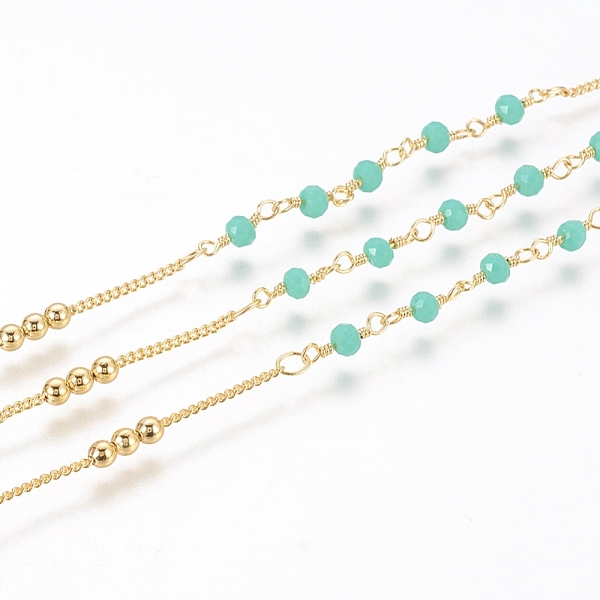 

PandaHall Brass Handmade Beaded Chain, Curb Chains, with Faceted Glass Bead, Long-Lasting Plated, Real 18K Gold Plated, Unwelded, with Spool..., Green