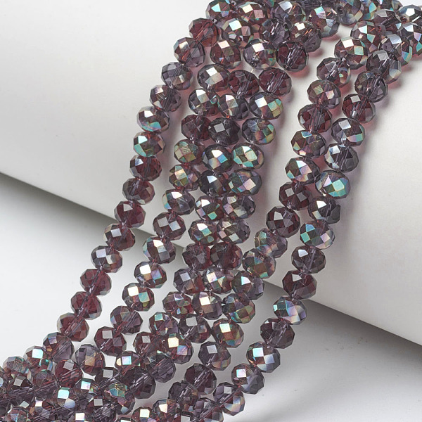 

PandaHall Electroplate Glass Beads Strands, Half Plated, Rainbow Plated, Faceted, Rondelle, Purple, 4x3mm, Hole: 0.4mm, about...