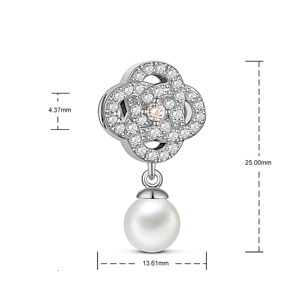 TINYSAND Rhodium Plated 925 Sterling Silver Charm Flower With Acrylic Pearl & Cubic Zirconia Pendant