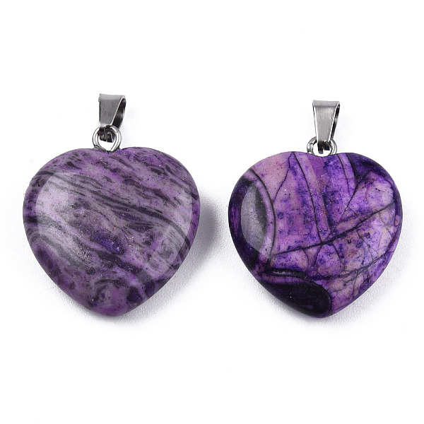 

PandaHall Natural Map Stone Pendants, with Stainless Steel Color Tone Stainless Steel Snap On Bails, Heart Charm, Dyed & Heated, Dark Orchid...