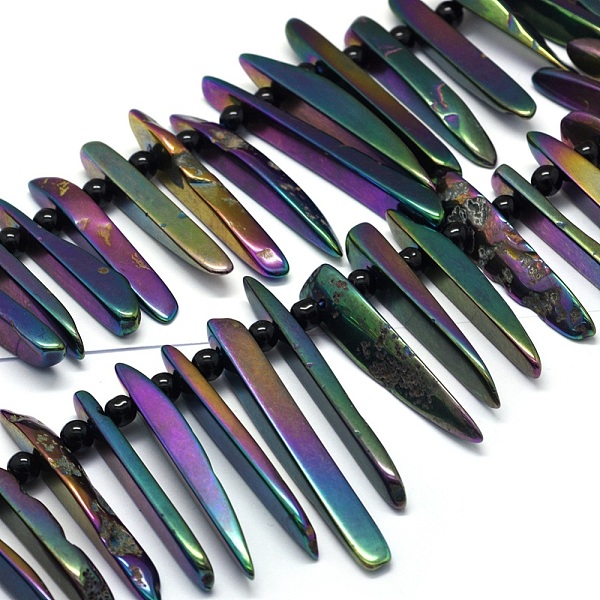 

PandaHall Electroplated Natural Agate Bead Strands, Tusk Shape, Multi-color Plated, 20~70x4~16x6~9mm, Hole: 2mm, about 32~35pcs/strand, 15.7...