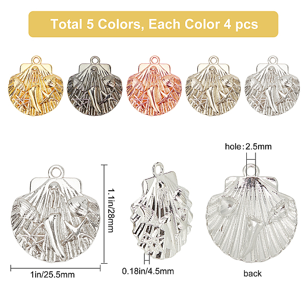 

PandaHall SUNNYCLUE Alloy Pendants, Long-Lasting Plated, Scallop Shell Shape, Mixed Color, 28x25.5x4.5mm, Hole: 2.5mm, 5 colors, 4pcs/color...