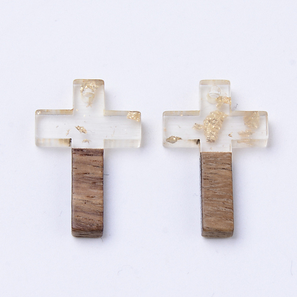 

PandaHall Resin & Walnut Wood Pendants, with Gold Foil, Cross, Clear, 26x16x3mm, Hole: 1.8mm Resin+Wood Cross Clear