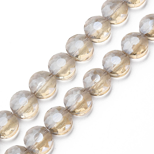 

PandaHall Electroplate Transparent Glass Beads Strands, Faceted, Flat Round, Pale Goldenrod, 10x6mm, Hole: 0.9mm, about 70pcs/strand, 27.95...