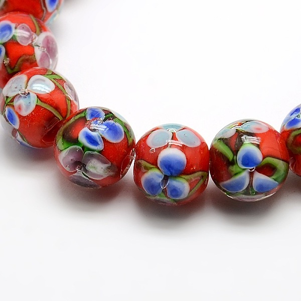 

PandaHall Handmade Inner Flower Lampwork Round Beads Strands, Red, 11x12mm, Hole: 2mm, about 33pcs/strand, 14.17 inch Lampwork Round Red