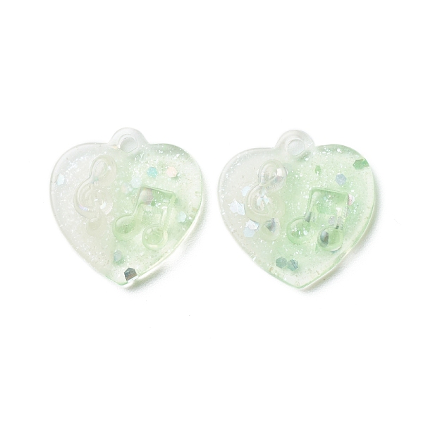 PandaHall Two Tone Transparent Resin Pendants, with Glitter Powder, Heart Charm with Music Note Pattern, Honeydew, Pale Green, 20x20x5mm...