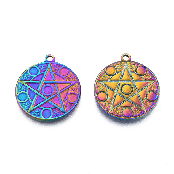 

PandaHall Ion Plating(IP) 201 Stainless Steel Pendants, Flat Round with Star, Rainbow Color, 28.5x25x2mm, Hole: 2mm 201 Stainless Steel Flat...