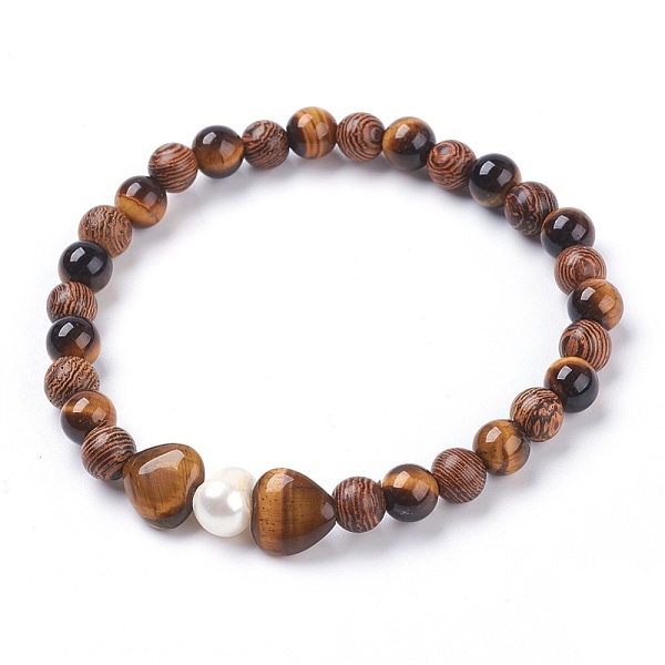 

PandaHall Natural Tiger Eye Stretch Bracelets, with Grade B Pearl Beads and Wood Beads, 2 inch(5.2cm)~2-1/8 inch(5.4cm) Tiger Eye Brown