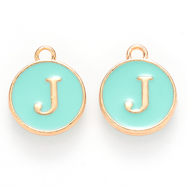 

PandaHall Golden Plated Alloy Enamel Charms, Cadmium Free & Lead Free, Enamelled Sequins, Flat Round with Letter, Turquoise, Letter.J..., Green