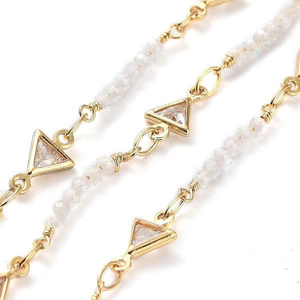 

PandaHall Handmade Triangle Brass Link Chains, with Glass Beaded, with Spool, Soldered, Real 18K Gold Plated, Triangle Link: 9.8x5x2mm..., Clear
