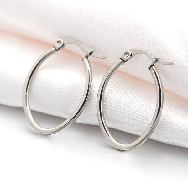 

PandaHall 201 Stainless Steel Hoop Earrings, with 304 Stainless Steel Pin, Hypoallergenic Earrings, Oval, Stainless Steel Color, 28.5x20x2mm...