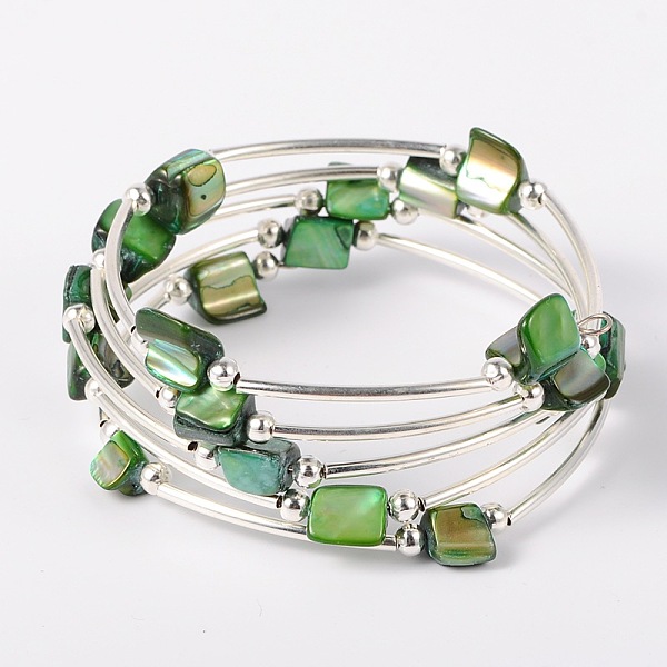 

PandaHall Shell Beads Wrap Bracelets, Dyed, Steel Bracelet Memory Wire with Brass Tube Beads and Iron Round Beads, Platinum, 59mm, Sea Green...