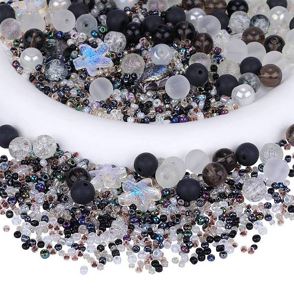 

PandaHall Glass Beads, Round & Starfish & Fish & Rondelle, Mixed Style, Black, 2.5~14x2.5~13.5x2~8.5mm, Hole: 1~1.4mm, about 200~300pcs/bag...