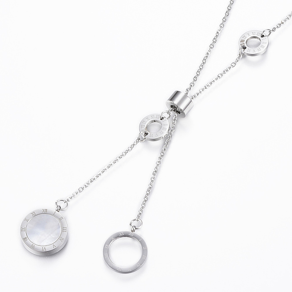 

PandaHall 304 Stainless Steel Pendant Necklaces, Lobster Claw Clasps, with Shell, Flat Round Carved Roman Numberals, Stainless Steel Color...