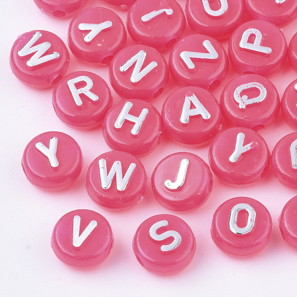 

PandaHall Plating Opaque Acrylic Beads, Metal Enlaced, Horizontal Hole, Flat Round with Letter, Cerise, 10x6mm, Hole: 1.8mm, about..., Red