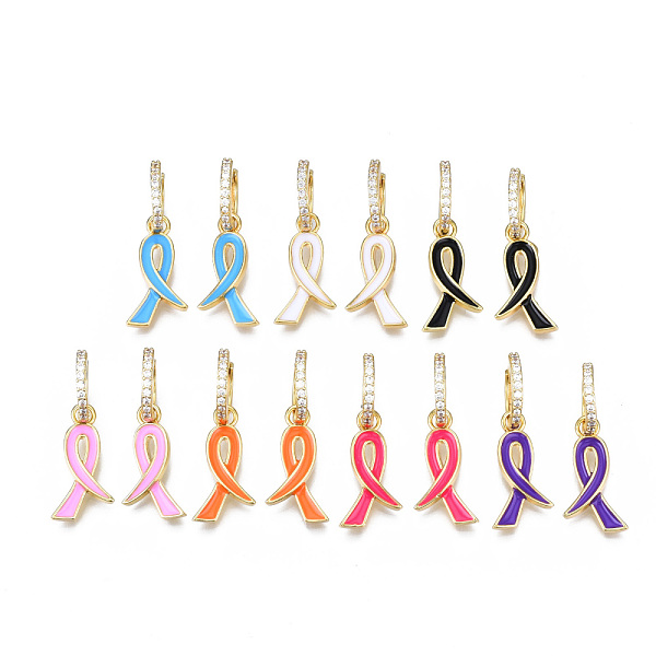 

PandaHall Awareness Ribbon Brass Micro Pave Clear Cubic Zirconia Huggie Hoop Earrings, with Enamel, Cadmium Free & Nickel Free & Lead Free..., Multicolor