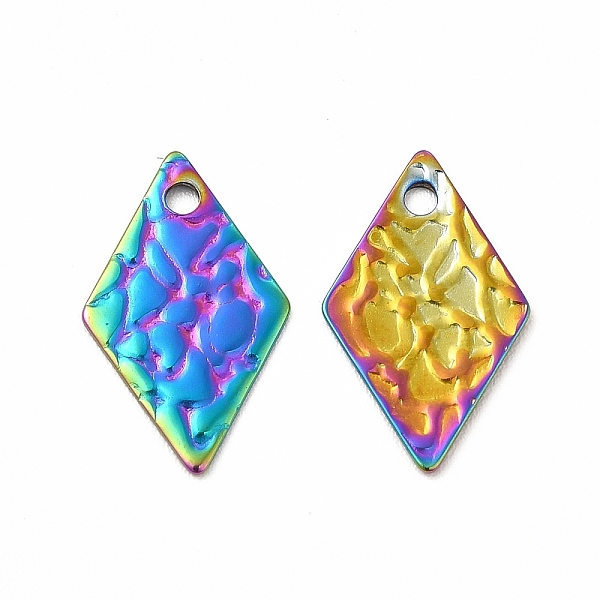 

PandaHall Ion Plating(IP) 304 Stainless Steel Pendants, Textured, Rhombus, Rainbow Color, 16x9.5x0.6mm, Hole: 1.4mm 304 Stainless Steel...