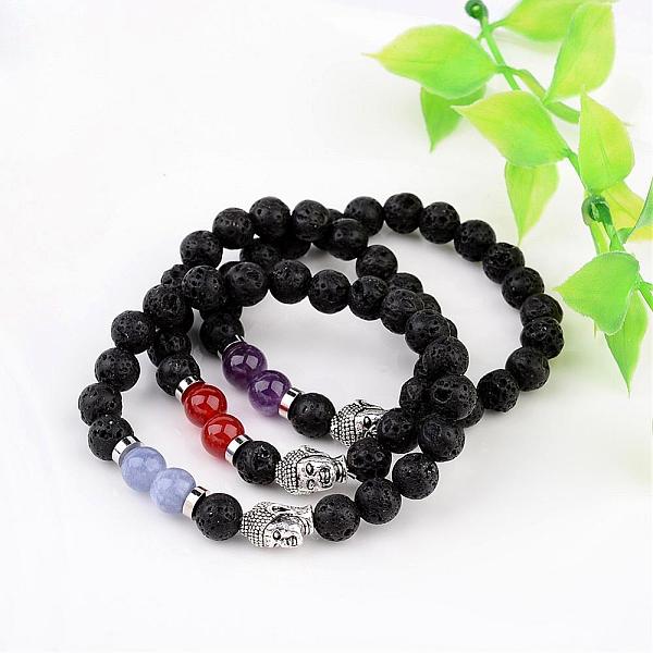 

PandaHall Natural Lava Rock Bead Stretch Bracelets, with Natural Gemstone Beads and Alloy 3D Buddha Head Beads, Antique Silver, 55mm Mixed...