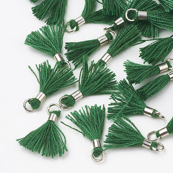

PandaHall Polycotton(Polyester Cotton) Tassel Pendant Decorations, Mini Tassel, with Brass Findings, Platinum, Green, 10~15x3~4mm, Hole: 2mm...