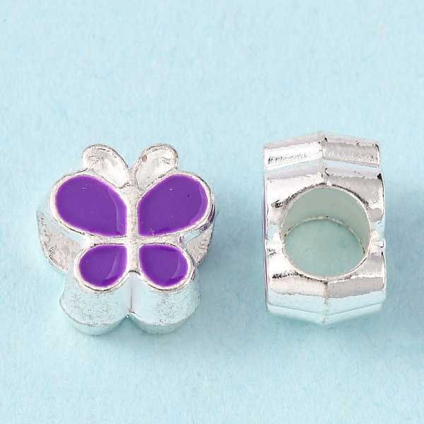 PandaHall Alloy Enamel Butterfly Large Hole European Beads, Silver Color Plated, Dark Violet, 10x10x7mm, Hole: 4.5mm Alloy+Enamel Butterfly...