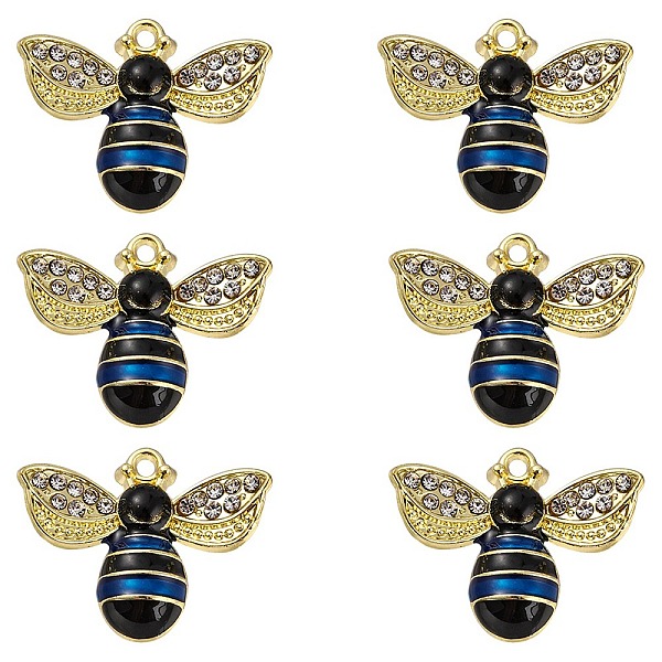 PandaHall 6Pcs Rack Plating Alloy Enamel Pendants, with Crystal Rhinestone, Cadmium Free & Nickel Free & Lead Free, Light Gold, Bees, Marine...