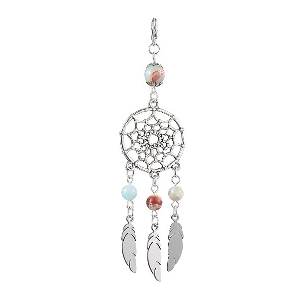 

PandaHall Alloy Woven Web/Net with Feather Hanging Ornaments, with Synthetic Imperial Jasper Decorations, Antique Silver, 109mm Alloy...