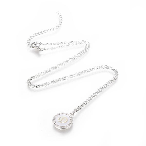 

PandaHall Brass Initial Pendant Necklaces, with Shell, Cubic Zirconia and 304 Stainless Steel Cable Chains, Flat Round with Letter, Letter.D..., Clear