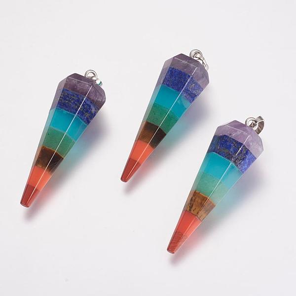 

PandaHall Yoga Chakra Jewelry, Natural & Synthetic Gemstone Pendants, with Platinum Plated Brass Findings, Cone, 47x15mm, Hole: 5x8mm Mixed...