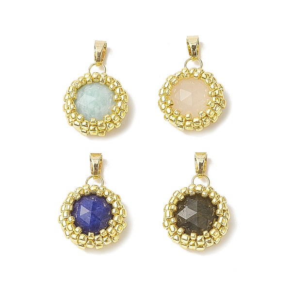 

PandaHall Natural Mixed Gemstone Faceted Flat Round Charms, with Seed Beads Wrapped and Brass Snap on Bails, Real 18K Gold Plated, 14.5x6mm...