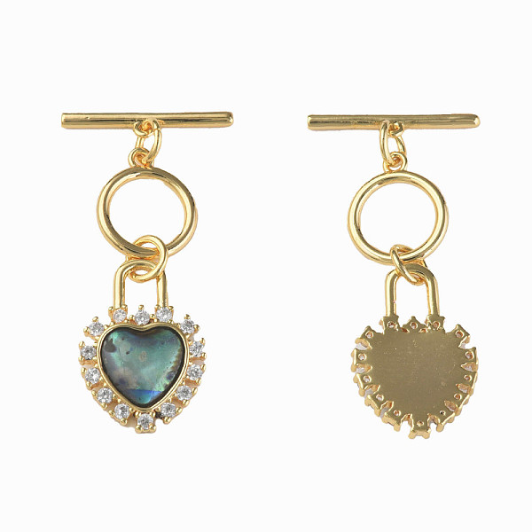 

PandaHall Brass Micro Pave Clear Cubic Zirconia Toggle Clasps, with Synthetic Abalone Shell/Paua Shell, Nickel Free, Heart, Real 18K Gold...