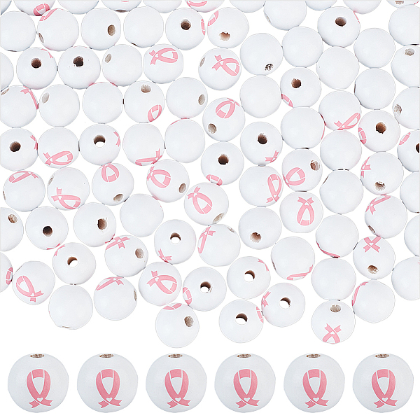 

PandaHall Printed Breast Cancer Awareness Pink Ribbon Pattern Wood Beads for Valentine's Day, Round, Dyed, White, 16mm, Hole: 3mm Wood...