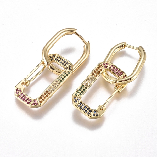

PandaHall Brass Micro Pave Cubic Zirconia Dangle Huggie Hoop Earrings, Long-Lasting Plated, Rectangle, Golden, Colorful, 39mm, Pin: 1mm...