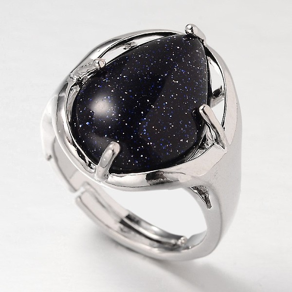 

PandaHall Teardrop Platinum Tone Brass Gemstone Adjustable Wide Band Rings, Synthetic Blue Goldstone, 18mm, Tray: 20x17mm Blue Goldstone