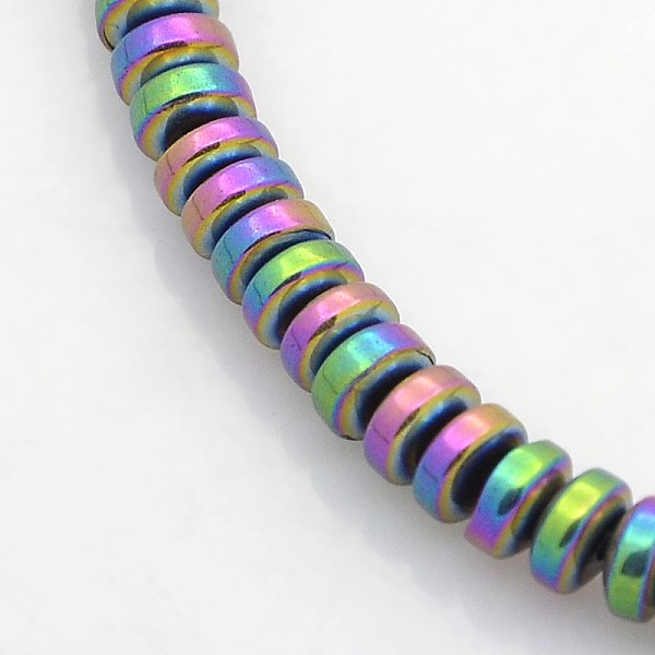 

PandaHall Electroplate Non-magnetic Synthetic Hematite Beads Strands, Heishi Beads, Flat Round/Disc, Rainbow Plated, 4x2mm, Hole: 1mm, about...