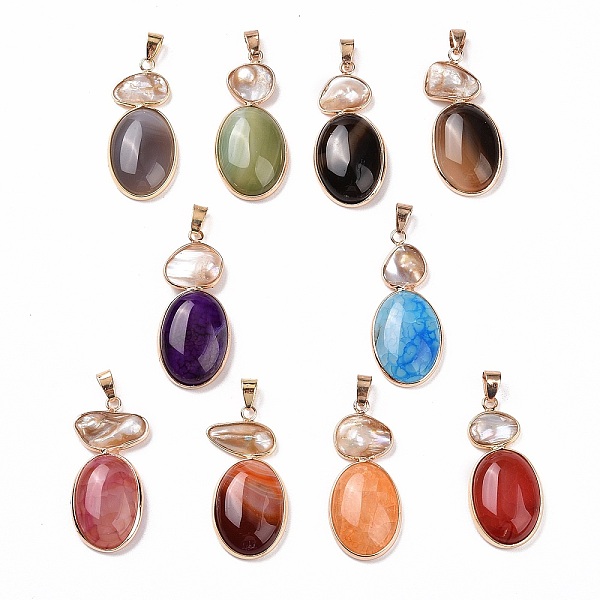 

PandaHall Natural Agate with Natural Shell Pendants, with Light Gold Plated Brass Findings, Dyed & Heated, Oval Charm, Mixed Color..., Multicolor