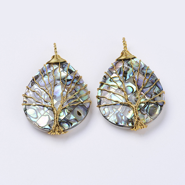 

PandaHall Abalone Shell/Paua Shell Big Pendants, Wire Wrapped Pendants, Teardrop with Tree, Golden, 51x31x8mm, Hole: 4.5x6.5mm Paua Shell...