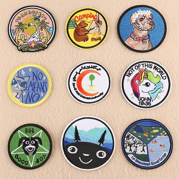 PandaHall Computerized Embroidery Cloth Iron on/Sew on Patches Sets, Costume Accessories, Appliques, Flat Round, Colorful, 7.2~8.7x7~8.7cm...