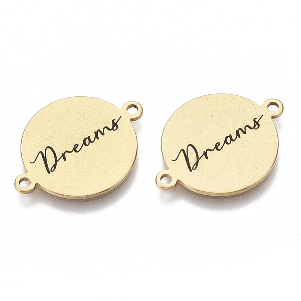 

PandaHall 201 Stainless Steel Enamel Links connectors, Flat Round with Word Dreams, Black, Golden, 16x21x1mm, Hole: 1.4mm 201 Stainless...