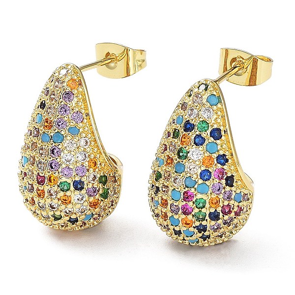 

PandaHall Cubic Zirconia Teardrop Stud Earrings, Real 16K Gold Plated Brass Earrings for Woman, Colorful, 20x12mm Cubic Zirconia Teardrop