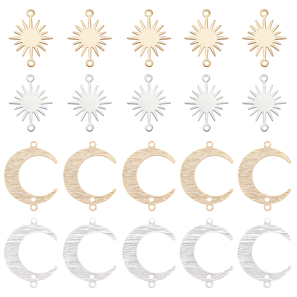 

PandaHall BENECREAT 32Pcs 4 Styles Brass Connector Charms Sets, Moon & Sun Links, Mixed Color, 13~16.5x17.5~22x0.7~0.8mm, Hole: 1.2mm...