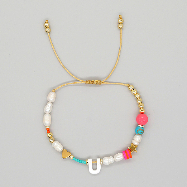 

PandaHall Initial Letter Natural Pearl Braided Bead Bracelet, Adjustable Bracelet, Letter U, 11 inch(28cm) Pearl Letter U