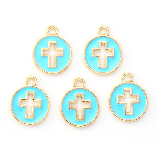 

PandaHall Light Gold Plated Alloy Enamel Pendants, Flated Round with Cross, Cyan, 15x12x1.5mm, Hole: 1.6mm Alloy+Enamel Others Cyan