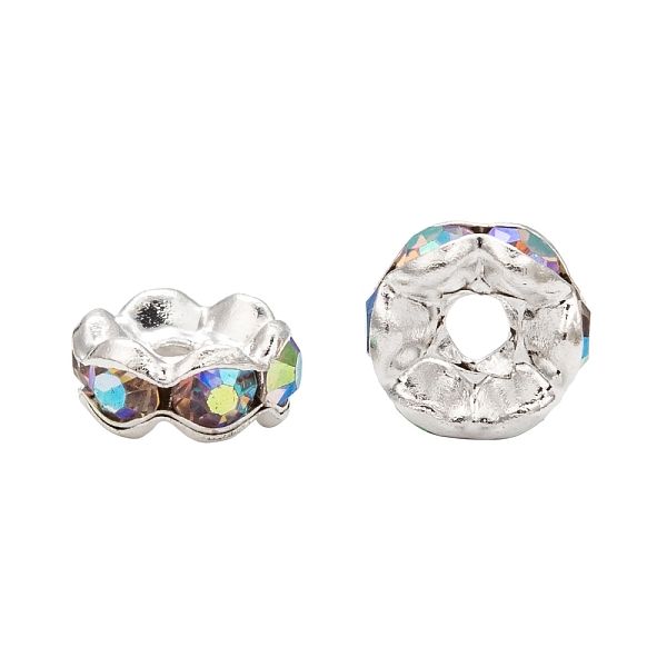 

PandaHall Brass Rhinestone Spacer Beads, Grade A, Wavy Edge, Silver Color Plated, Rondelle, Crystal AB, 6x3mm, Hole: 1mm Brass+Rhinestone..., Clear