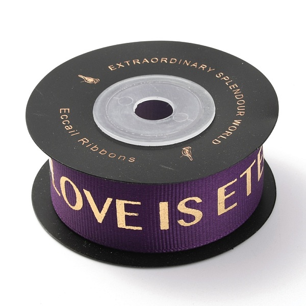 

PandaHall Polyester Grosgrain Ribbons, with Single Face Golden Hot Stamping, for DIY Gift Packing, Flower Packaging, Word Love is Eternal..., Purple