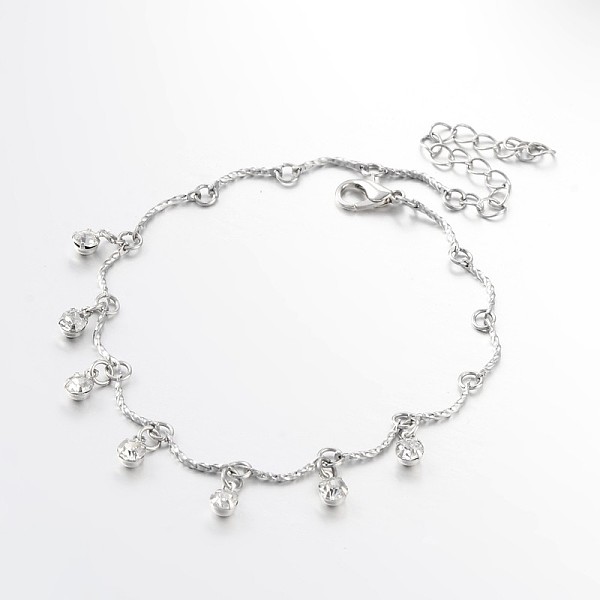 

PandaHall Trendy Brass Rhinestone Charm Anklets, with Alloy Lobster Claw Clasps, Platinum, 200mm Rhinestone Clear