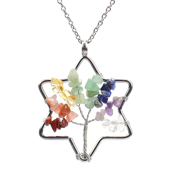 

PandaHall Natural Gemstone Chip Star of David & Tree of Life Pendant Necklaces, Cable Chain Necklace for Women, 20-7/8 inch(53cm) Mixed...