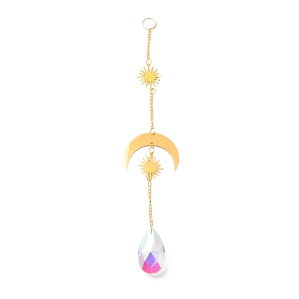 PandaHall Hanging Crystal Aurora Wind Chimes, with Prismatic Pendant and Moon & Sun Iron Link, for Home Window Chandelier Decoration, Golden...
