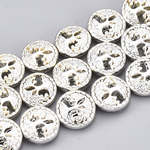 

PandaHall Electroplate Non-magnetic Synthetic Hematite Beads Strands, Flat Round with Tree of Life, Silver Plated, 12~13x4.5mm, Hole: 1mm...